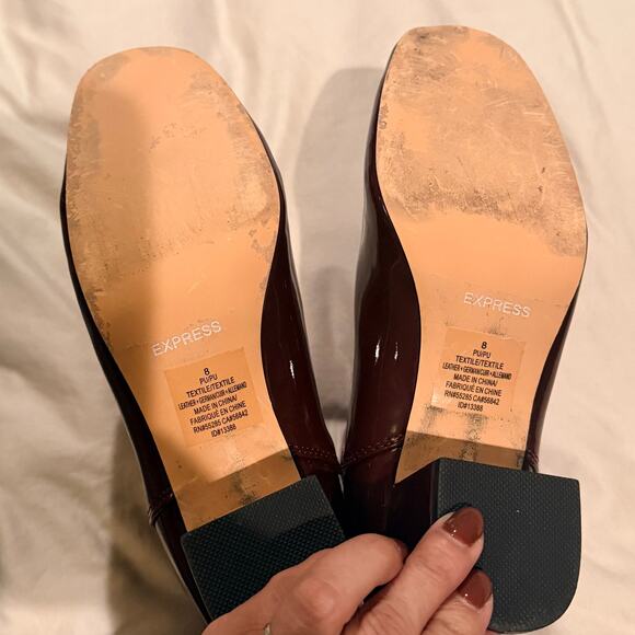 Express Oxblood Burgundy Patent Chelsea Ankle Boots Square Toe Block Heel 8 - Picture 9 of 9